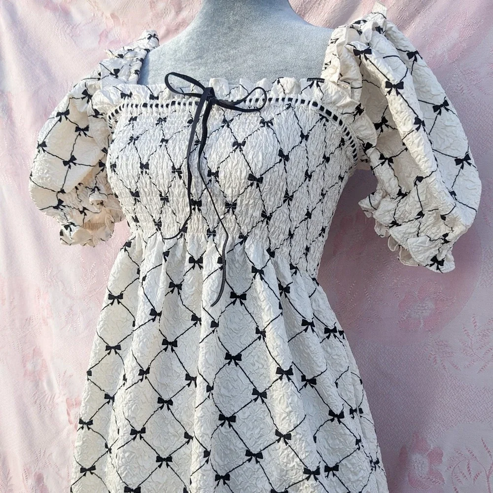 Bow Print Babydoll Mini Dress Small White Puff Sleeve Coquette Cottagecore - Picture 2 of 12